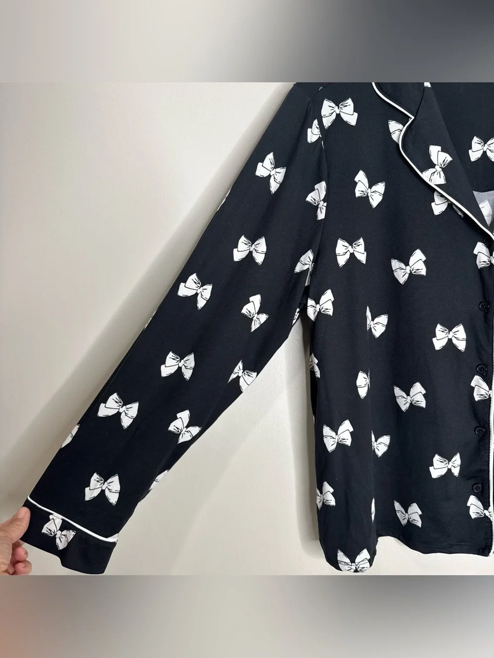 Kate Spade Black and White Bow Printed Button Up Pajama Set Wide Leg Size XL